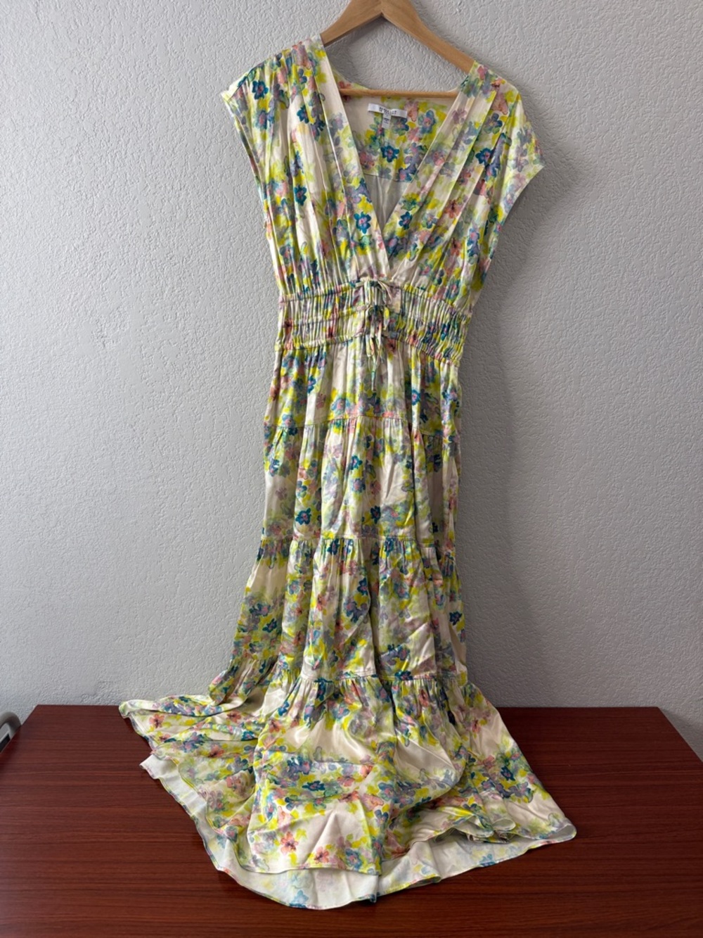 10 Crosby Derek Lam Yellow Floral V-Neck Maxi Dress with Blue and Pink Accents